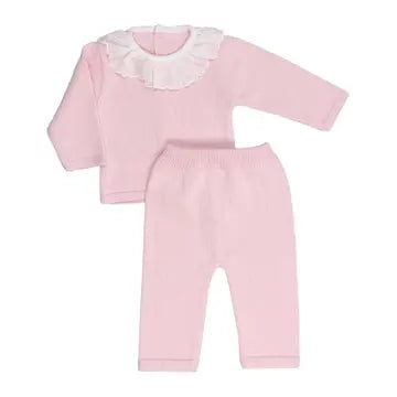 Cotton Knitted Sweater Set with Ruffle Collar- Pink