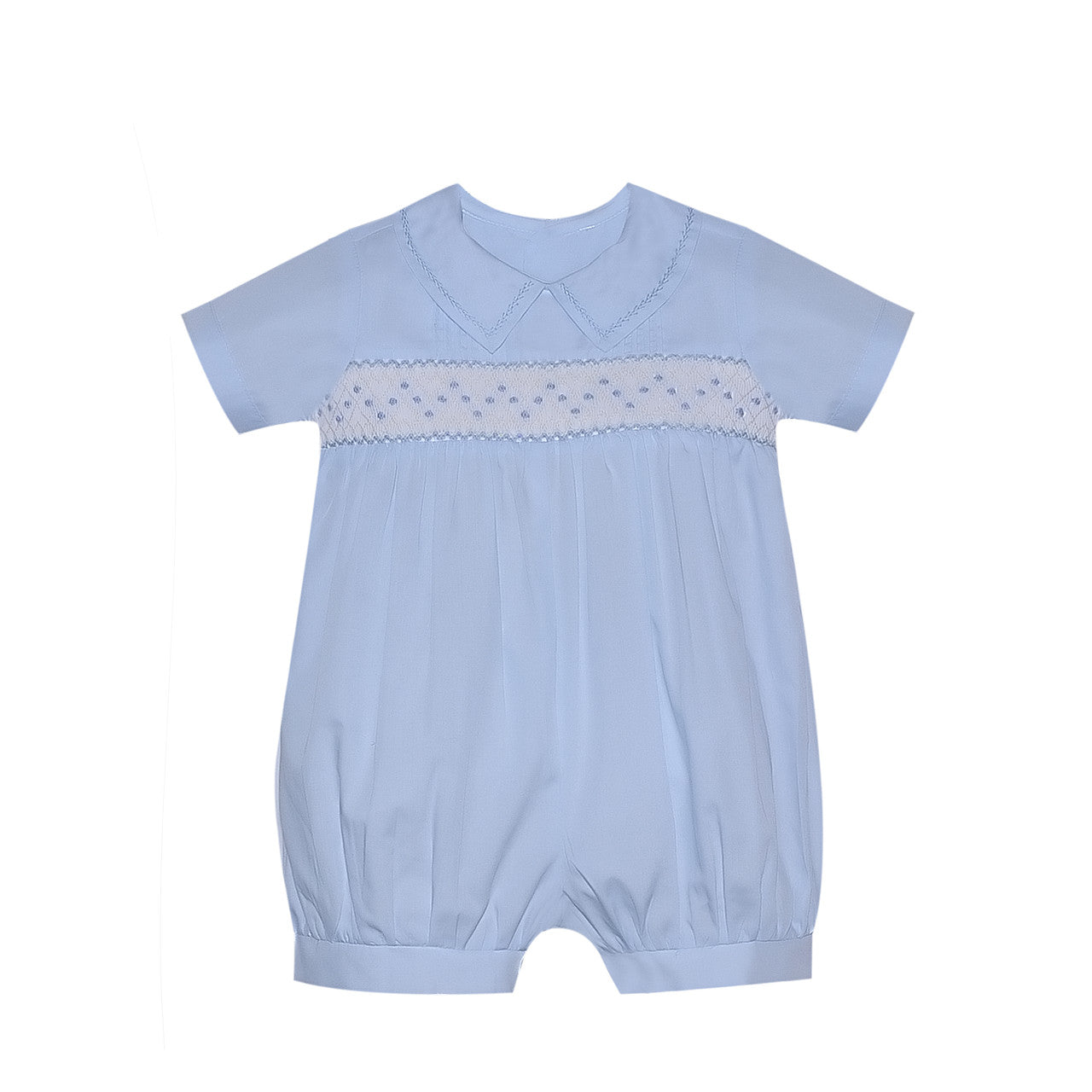 Baby Sen Finley Boy Romper- Blue with Blue Smocking