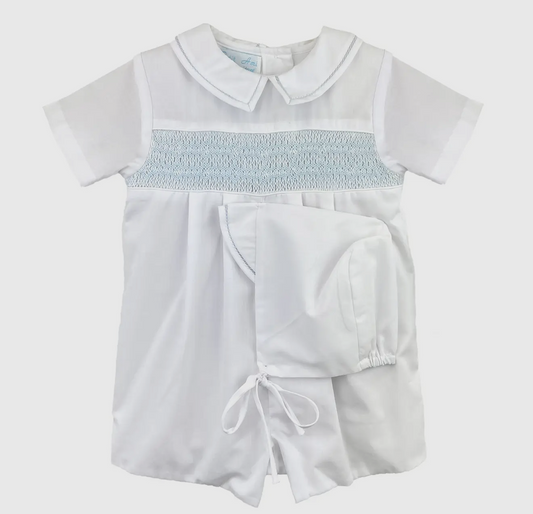 Petit Ami White Smocked Romper and Hat